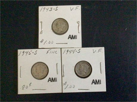 3 Mercury Dimes - 1943 - S,  1944 - S, 1945 - S