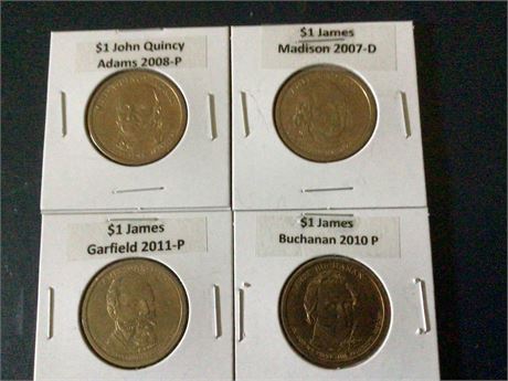 $1 Coins- James Madison,  John Quincy Adams, James Buchanan, James Garfield