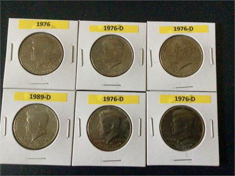 Four 1976-D, 1976, 1989-D Kennedy 1/2 Dollars