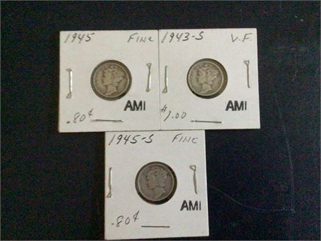 3 Mercury Dimes 1943-S, 1945, 1945-S