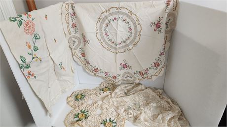 Vintage Doilies & Table Runners & Metal Basket