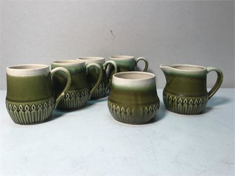 Japan Mid Century Green Cups, Creamer & Sugar Bowl