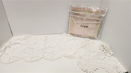 Vintage Doilies & Set Of Pink Tablecloth & Napkins