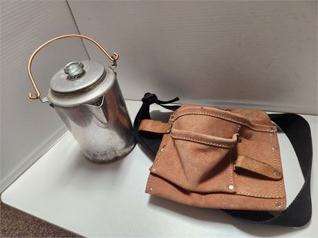 Metal Coffee Pot & Leather Bag