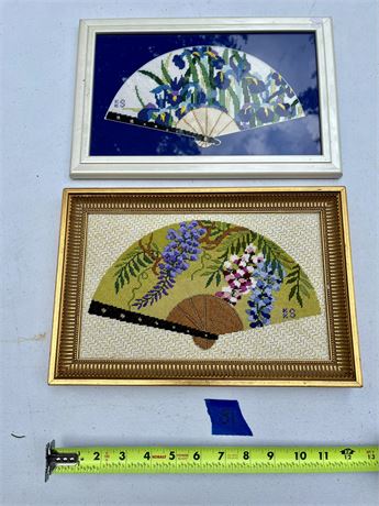 Vintage Needlepoint Asian Style Folding Fan Art (2)