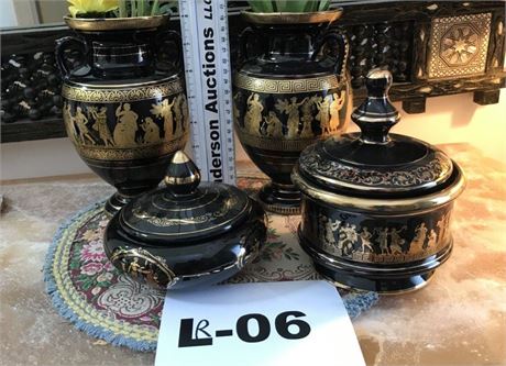 Spyropoulos & KE 24K Gold Trim Grecian Vases & Containers
