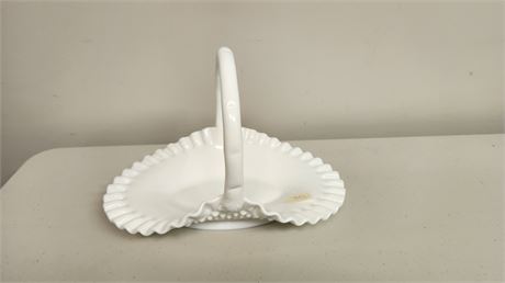 Unmarked Hobnail Milk Glass Basket. Has A Crip On Bottom Of Basket & On Handle