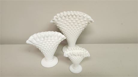 Unmarked Set Of 3 Hobnail Milk Glass Fan Vases