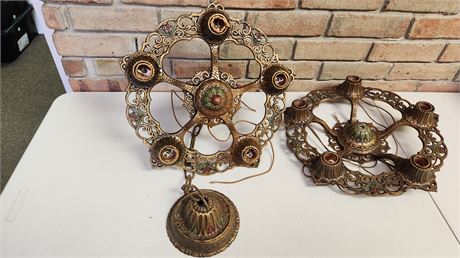 2 Ornate Vintage Metal Chandeliers & trunk.(Unsure But Could Be Brass Or Cast)