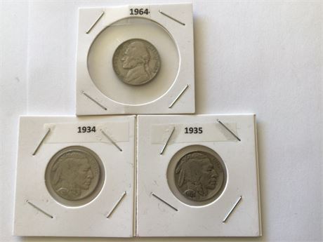 1934, 1935, Buffalo Nickels 1964 Jefferson Nickel