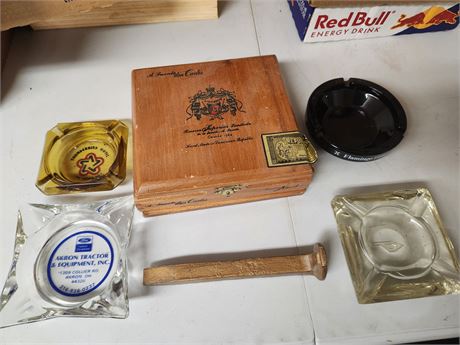 Cigar Box and glass ashtrays
