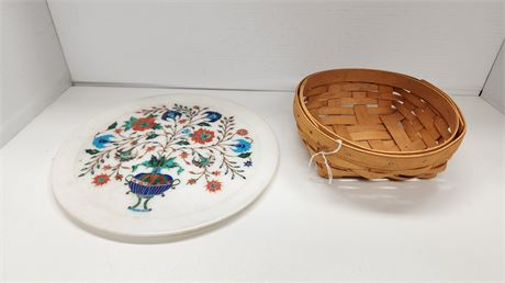 Small Longaberger Basket & Marble Decorative Plate