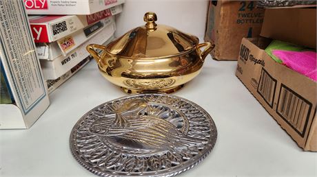 Fitz & Floyd Wall Hanging Art & Goldtone Serving Bowl with Lid