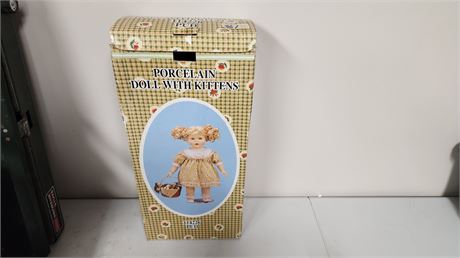 Porcelain Doll With Basket Of Kittens