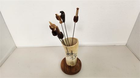 Carved Horn Holder With Carved Bear Claw Forks