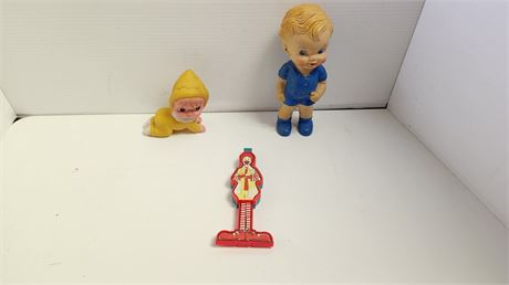 McDonalds Slide Whistle & Sun Rubber Boy In Blue & Unmarked Doll In Yellow