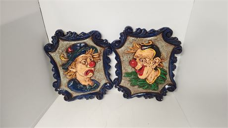 2 Chalk Ware Clown Pictures. Sad & Happy Clown Some Chips In Pictures