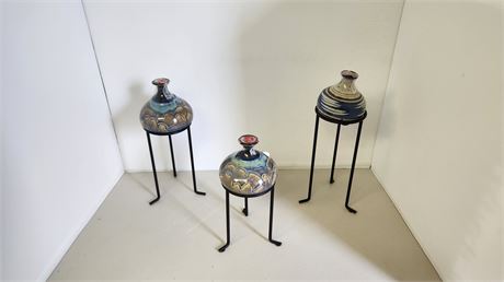 3 Decorative Oil Lights With Metal stands. All Are Different Sizes