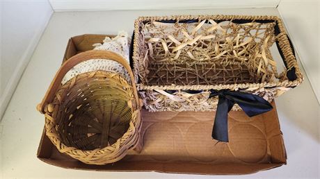 2 Wicker Baskets & A Vintage Doillie