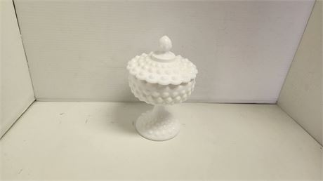 Unmarked Hobnail Milk Glass Compote With Lid.Good Condition