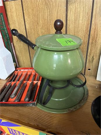 Vintage Mid Century Modern Retro Green Fondue and Knife Set