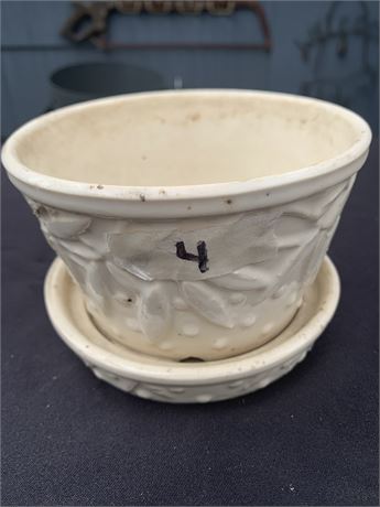 Vintage McCoy Ceramic White Planter With Leaf Pattern And Attached Base