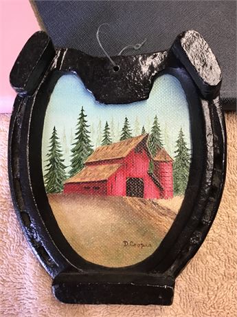 Vintage Hand-Painted Farm Scene Framed Inside Of A Horseshoe By D. Cooper 6/89