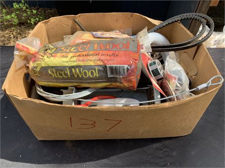 Miscellaneous Hardware Boxed Lot Including Plastic Tubing And Steel Wool Belts