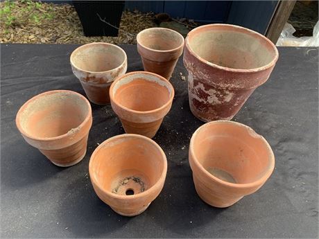 Lot Of 7 Clay Pot Planters For Potting Flowers