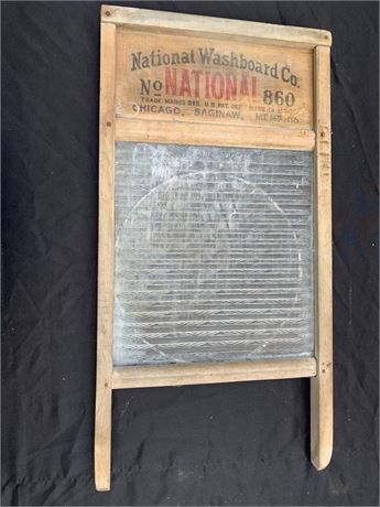 Antique National Washboard NO. 860 With Wood Frame And Ribbed Glass Center