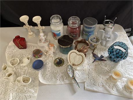 Lot Of Decorative Candles And Candle Holders Spoon Rest Pitcher Basket Figurines