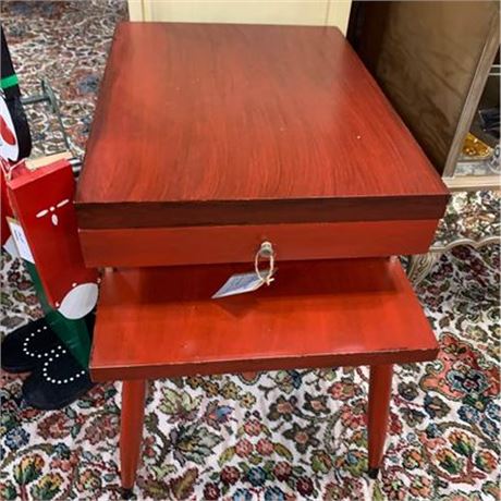 Vintage Mid Century Modern Red Wood Color End Table With Small Pull Out Drawer