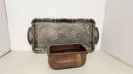 Unmarked Metal Tray & Pot