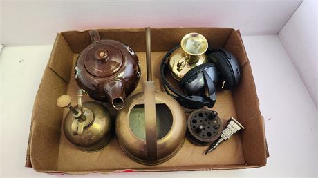 Brass, Teapot, vintage fishing reel?