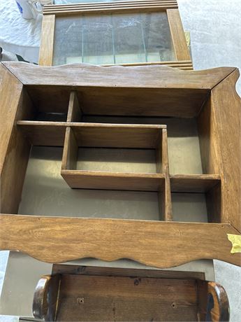 Lot of shadowboxes and wooden towel rack