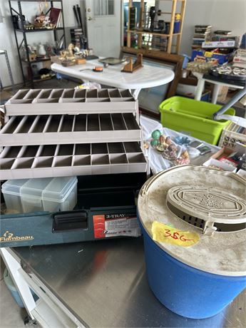 you old stock, flambeau, tacklebox, and live bait bucket