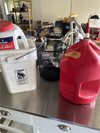 gas can trashcan and ice melt