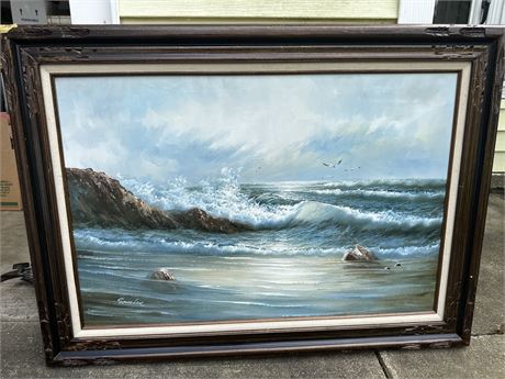 Framed oil on canvas ocean scene, Sandler