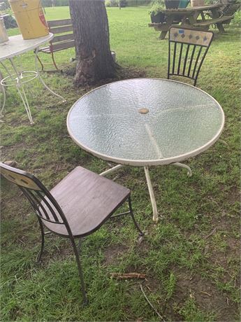 Glass Top Patio Table With 2 MCM Style High Back Chairs Wood Seats