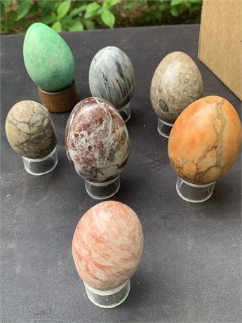Vintage Polished Stone Thinking Eggs Multiple Colors and Patterns With Stands