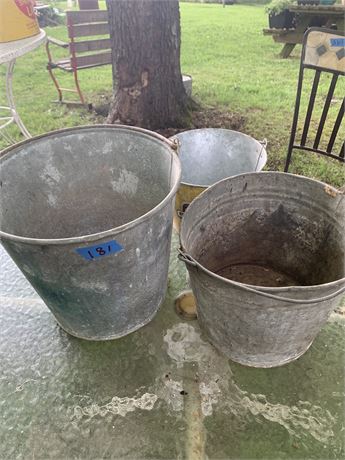 Vintage Silver Galvanized Metal Lawn Garden Wash Buckets Lot Of 3 Varying Sizes