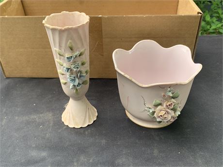 Vintage Lefton Ceramic Pottery Vase And Flower Pot Planter Lot Floral Accents
