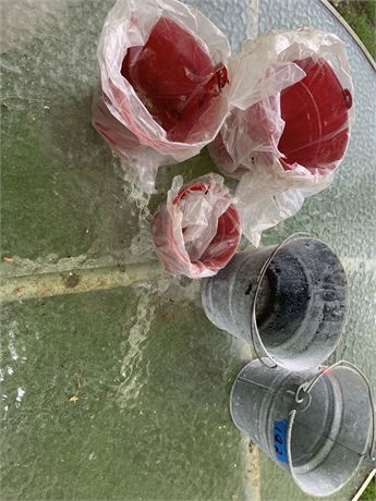 Vintage Silver Galvanized Metal Bucket Lot of 2 And Red Metal Buckets Lot of 3