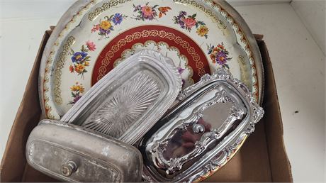 2 Vintage Butter Dishes & Serving Trays