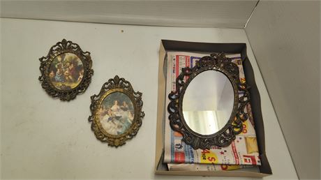 Small Vintage Mirror & 2 Small Matching Small Pictures