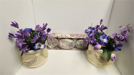 Decorative Heavy Baskets With Flowers & Miscellaneous Containers.