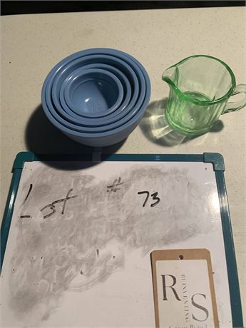 Set Of 5 Blue Ceramic Nesting Measuring Bowls Small Green Glass Creamer Pitcher