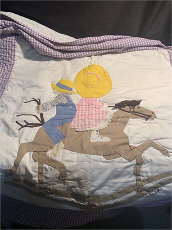 Holly Hobbie Quilt Blanket Boy and Girl On Rocking Horse White With Purple Trim