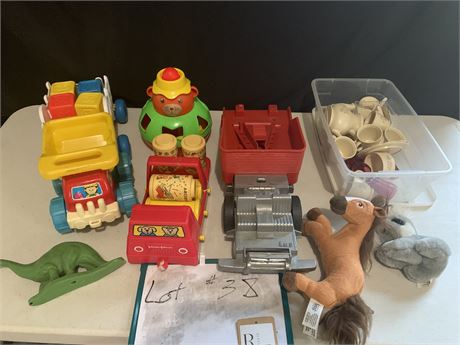 Vintage Toy Lot Trucks Tea Set Stuffed Animals Baby Toys Horse Dinosaur Blocks