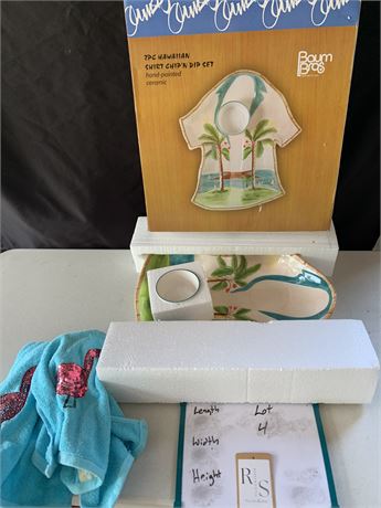 2 Piece Painted Ceramic Hawaiian Shirt Chip N Dip Set With 2 Flamingo Towels